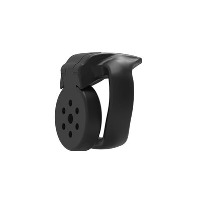 A black resin chastity cage with multiple vent holes and a small locking mechanism on the side.