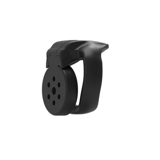 A black resin chastity cage with multiple vent holes and a small locking mechanism on the side.