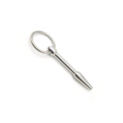 A stainless steel penis plug with a ring at the thin end, featuring a unique hump in the middle.