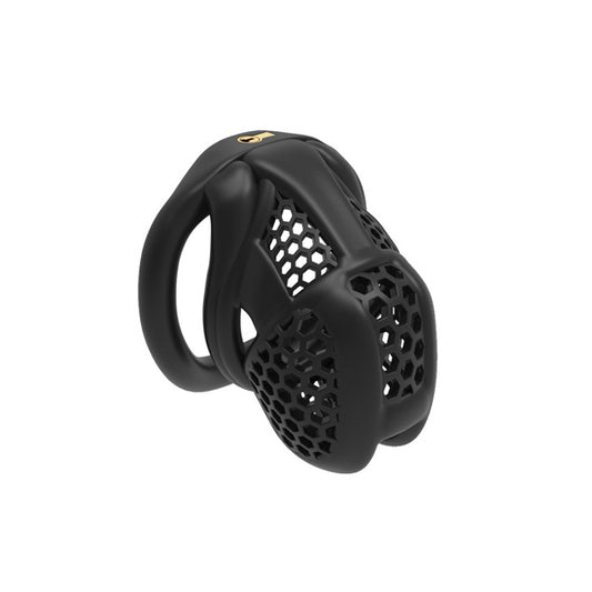 A black Zeds Production D10 Male Chastity Cage with a hidden lock system and breathable design.