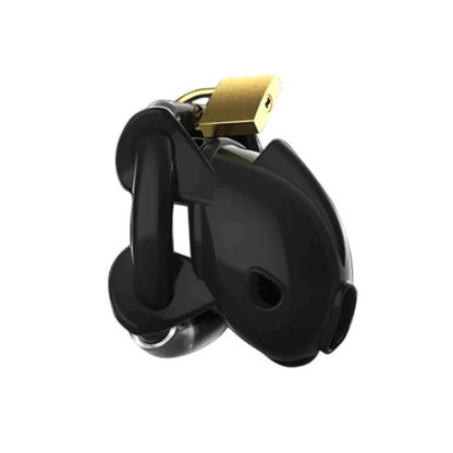 A black silicone chastity device with a gold padlock, featuring a cage and adjustable rings.