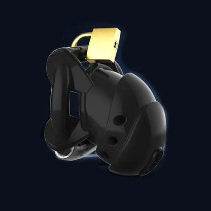 A black silicone chastity device with a smooth surface and an adjustable ring, accompanied by a gold-colored key.