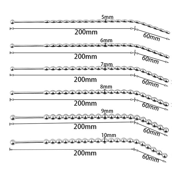 Set of urethral sounds with varying diameters and lengths on a white background